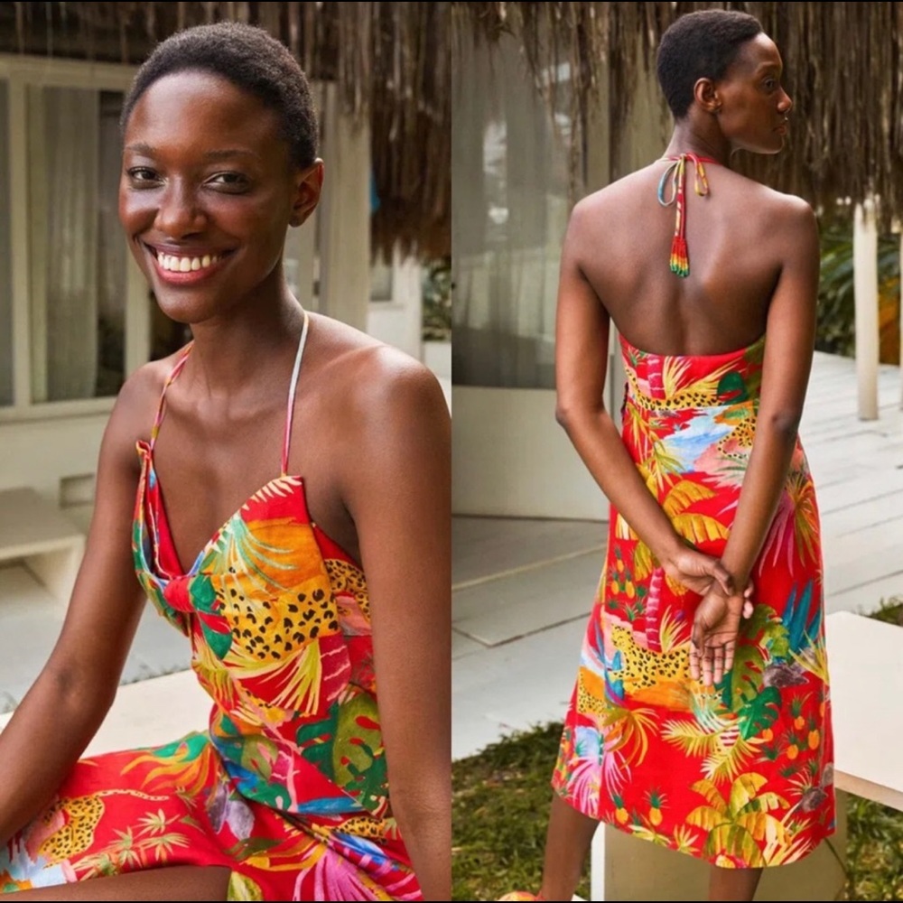 Farm Rio XL tropical jungle Bow midi Dress NWT